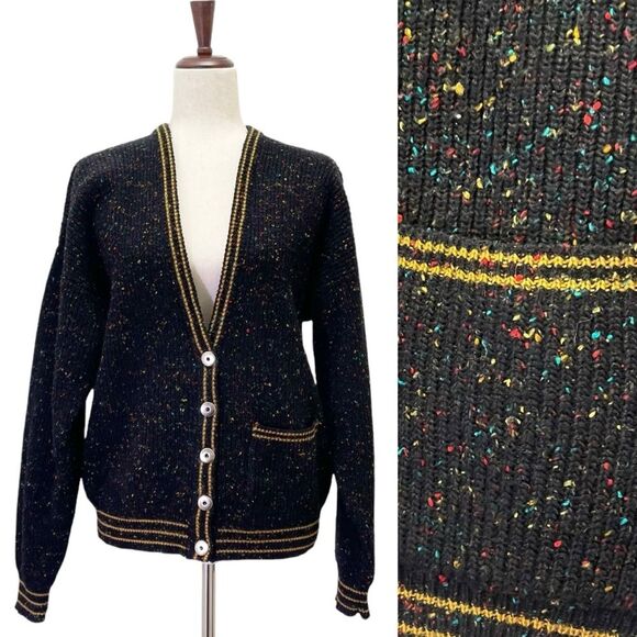 Vintage 80s Liz Claiborne LizWear Wool Varsity Cardigan Black Speckle Size Small - Picture 1 of 14